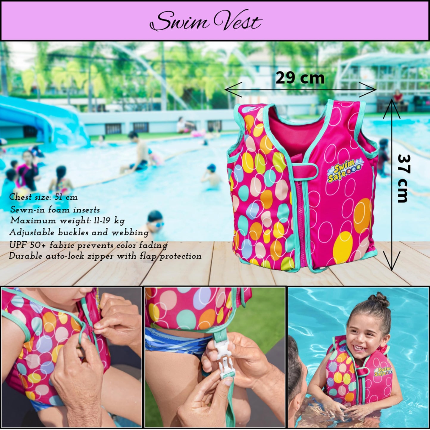 Swimming Float Kickboard for Kids - Learn to Swim Pink Foam Board Pool Float & Swim Vest. Swimming Floats for Children with Topline Card. Exercise Equipments for Kids Beginning Swimmers