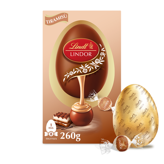 Luxury Lindt LINDOR Milk Chocolate Easter Egg with Tiramisu Truffles – 260g Gift Box