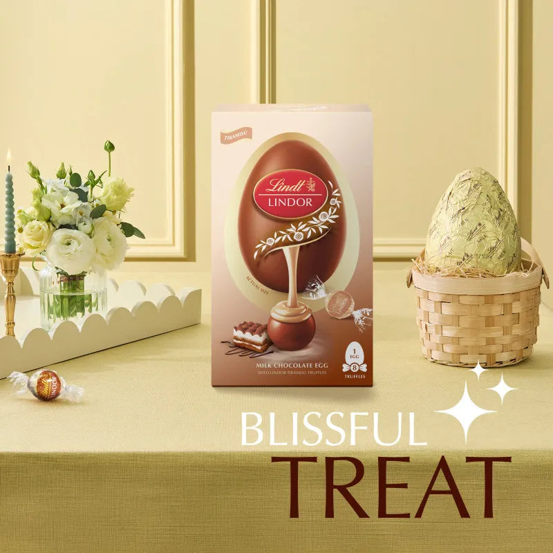 Luxury Lindt LINDOR Milk Chocolate Easter Egg with Tiramisu Truffles β 260g Gift Box