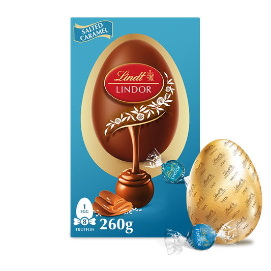 Luxury Lindt Lindor Milk Chocolate Egg with Salted Caramel Truffles 260g