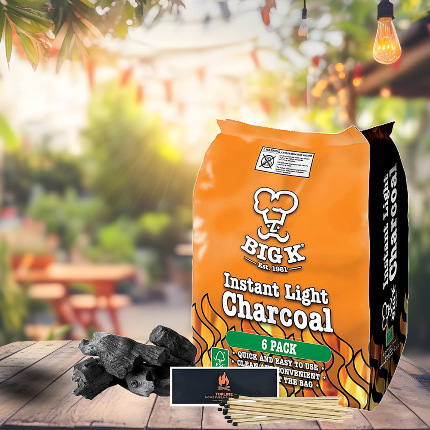 Instant Light Lumpwood Charcoal Bags - 6x1kg BBQ Coals Instant Bags are easy to use, just light the individual bag. Take the stress out of your home BBQ with Instant Charcoal & Topline Matches.