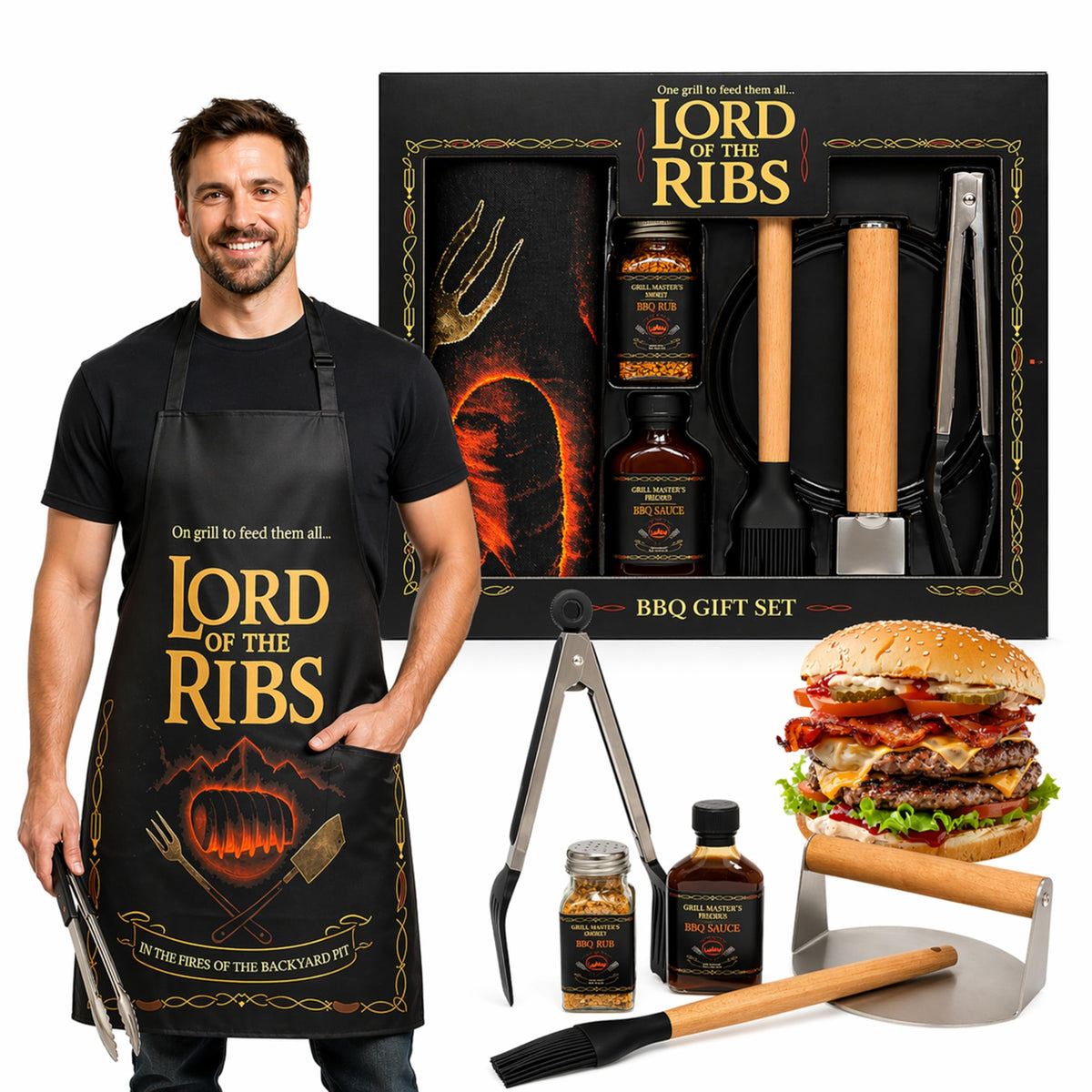 Lord of the Ribs BBQ Gift Set - Premium Grill Tools, Rub & Sauce Set with Apron
