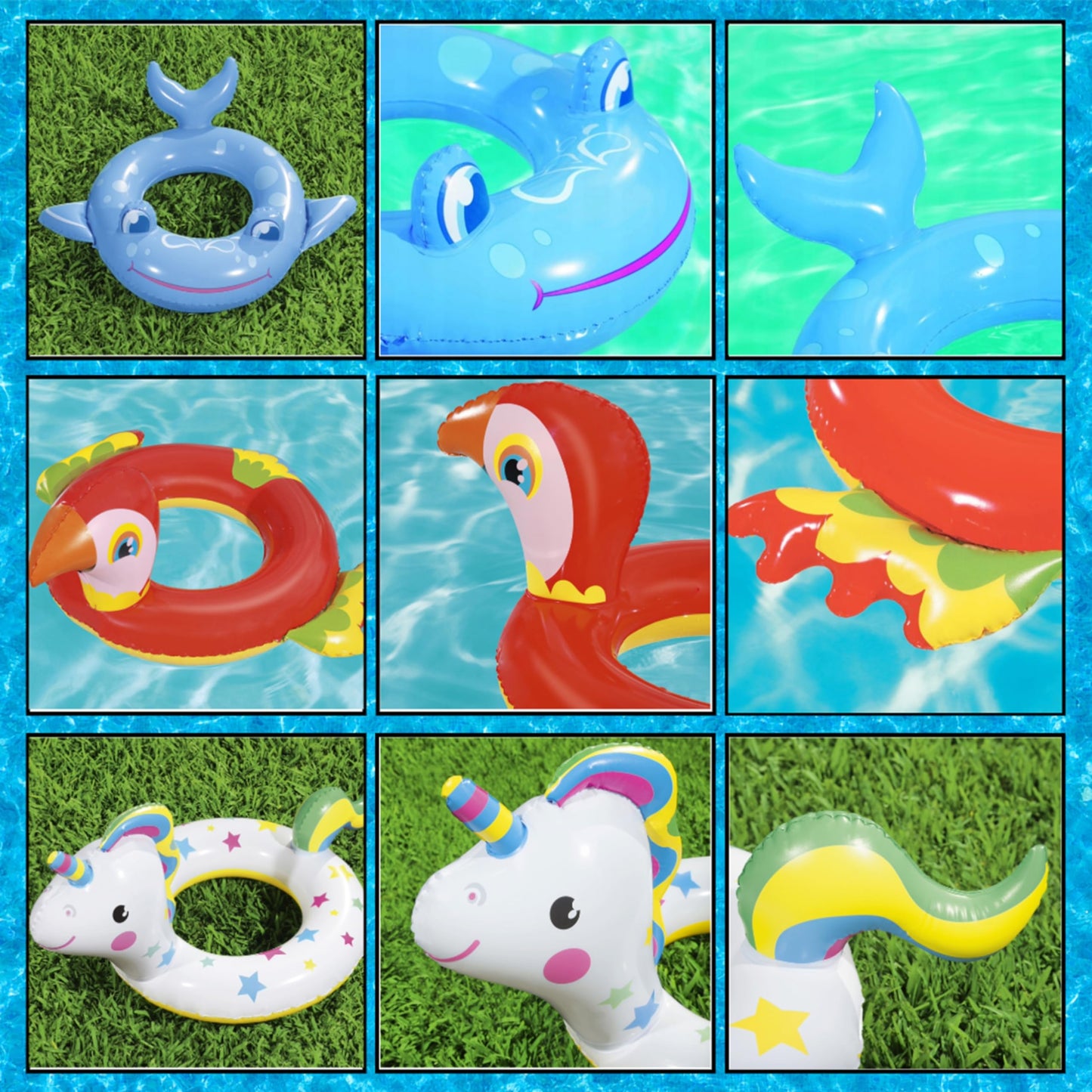 Pool Inflatables Floats for Swimming Pools - Pack of 3 Cute Unicorn, Parrot & Wales Design Swimming Pool Float Swim Ring with Topline Card. Pool Floats for Kids 3-6 Years