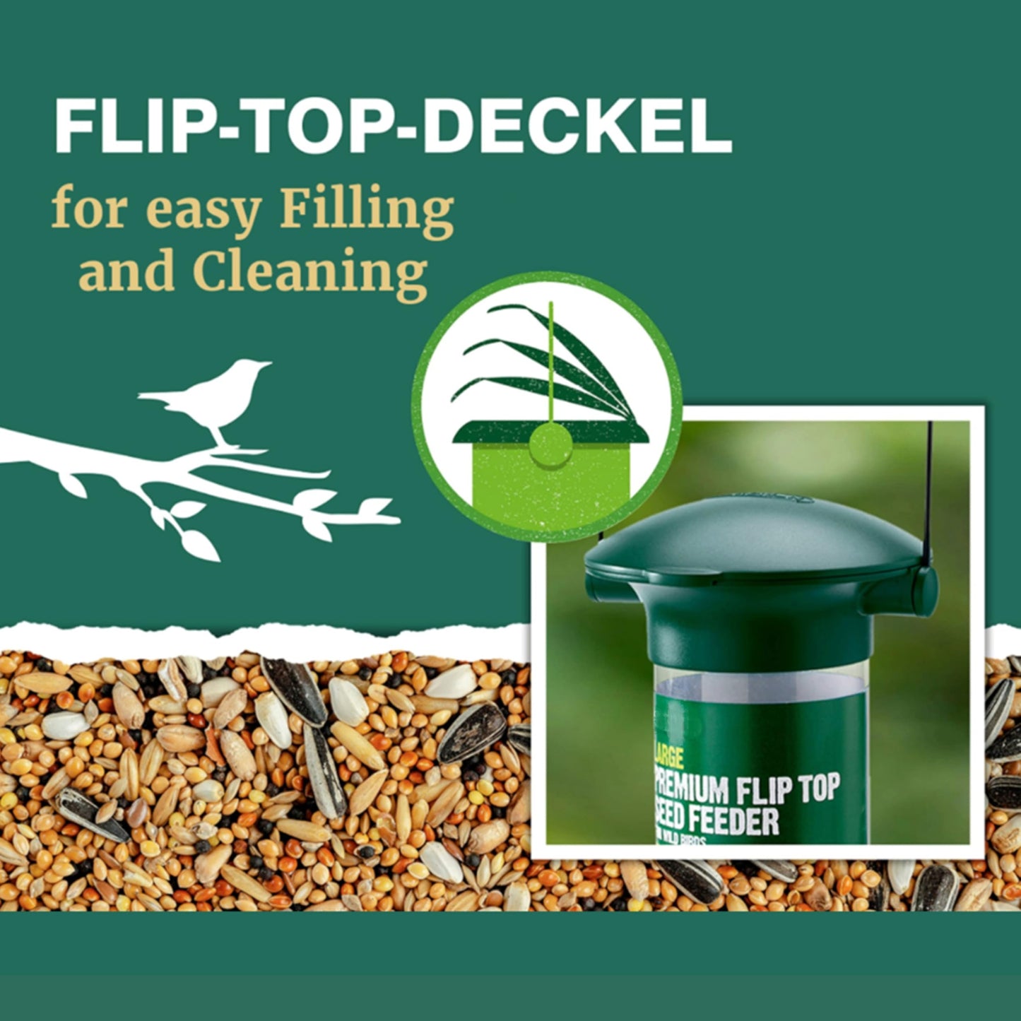 Wild Bird Feeders Flip Top Green Plastic Pack of 4 for Seed, Fat Balls, Peanuts & Nyjer