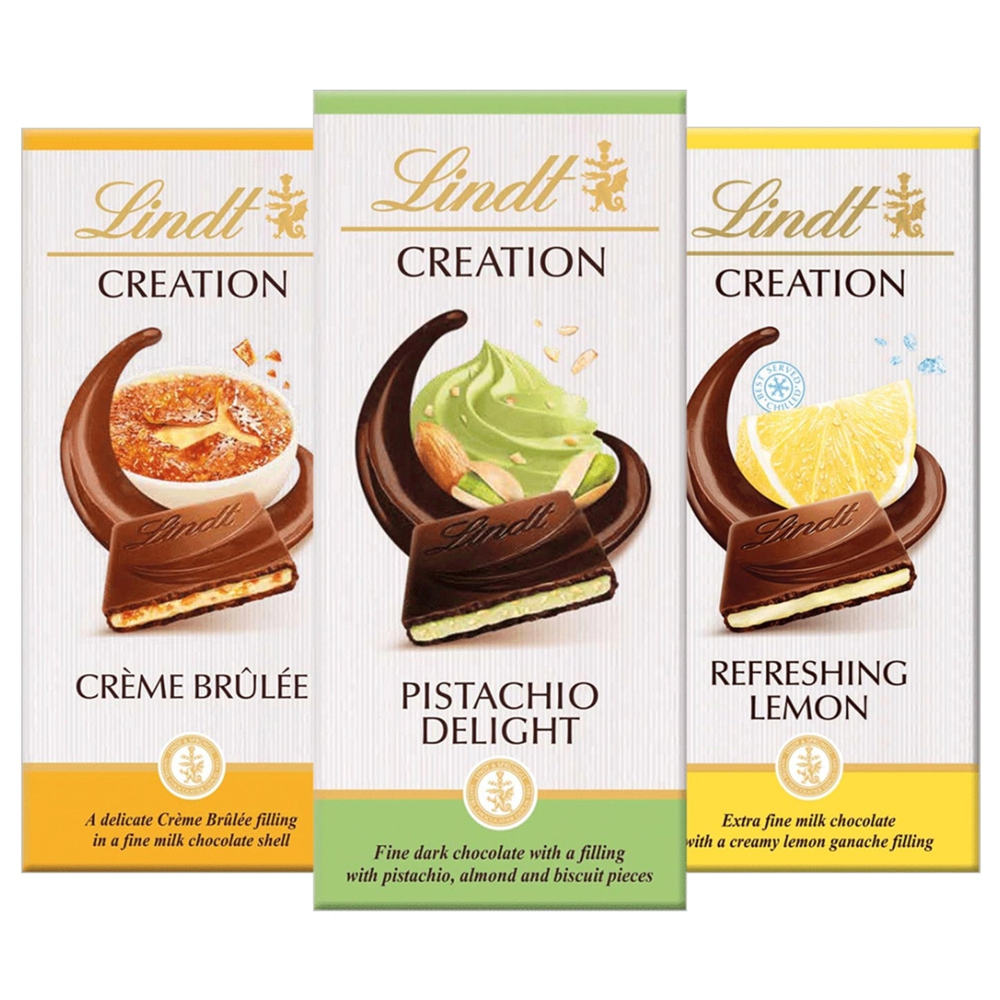 Lindt Creation Dessert Chocolate Bar Pack – 3 x 150g (Pistachio Delight, Delicate Crème Brûlée & Refreshing Lemon)
