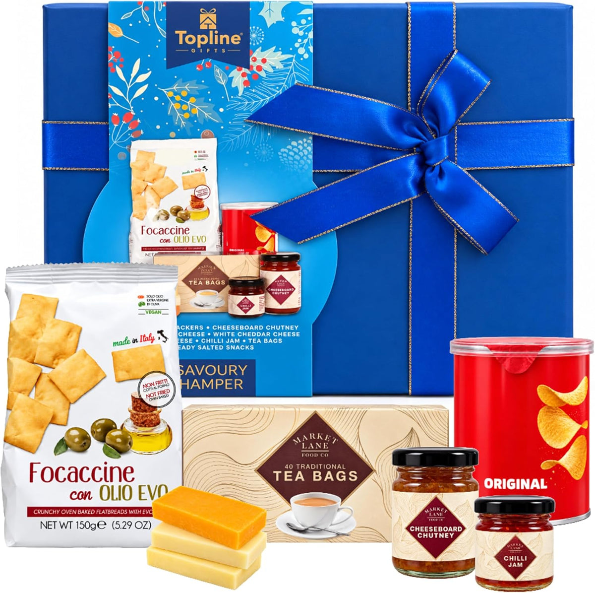 Savoury Christmas Hamper Gift Box – Cheese, Chutney, Focaccia Crackers, Tea, Chilli Jam & Ready Salted Snacks