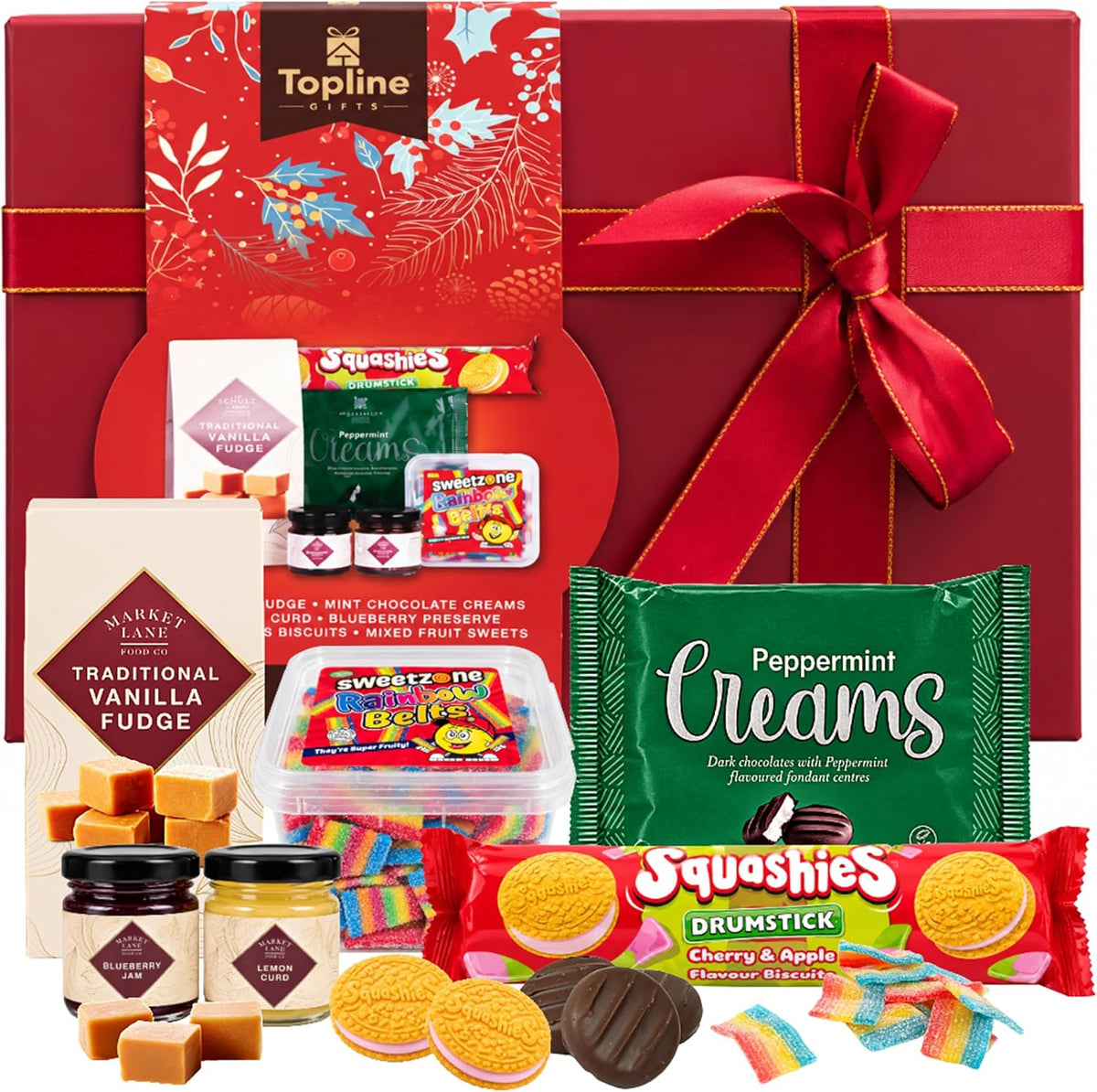 Luxury Sweet Hamper Gift Box for Christmas - Vanilla Fudge, Peppermint Chocolate, Lemon Curd, Blueberry Jam, Biscuits & Rainbow Sweets
