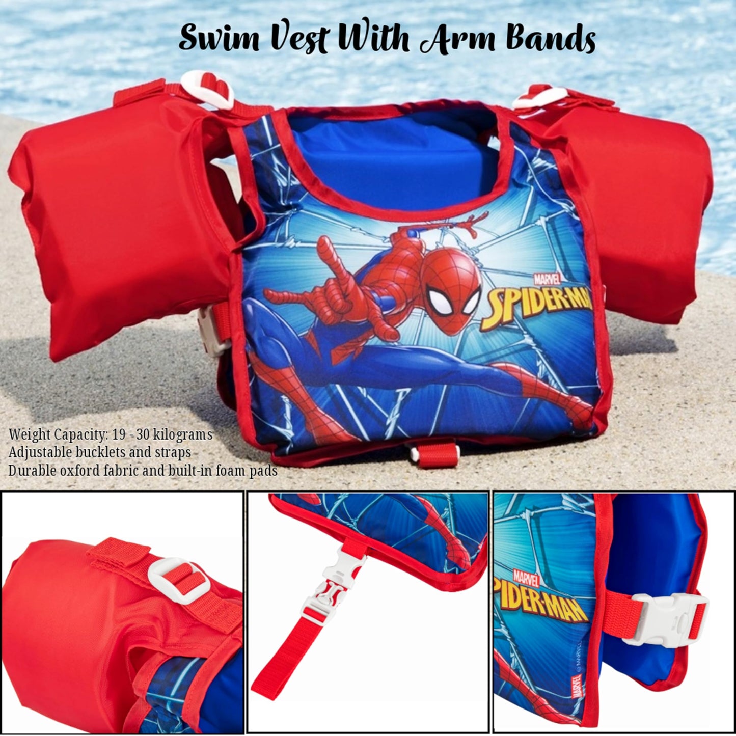 Swimming Float Swim Vest Bundle - Learn to Swim Spiderman Kids Swim Vest with Built-In Foam, Arm Bands & Goggles. Great for Water Parks, Swimming Pool or Birthday Gifts for Kids with Topline Card.