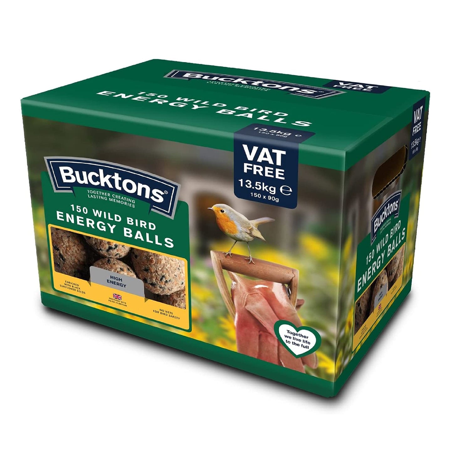 Bucktons High Energy Fat Balls - Box of 150 x 90g Boost Natural Suet Food for Wild Garden Birds. Great for Ground Feeder, Bird Tables. Comes with Topline Card.