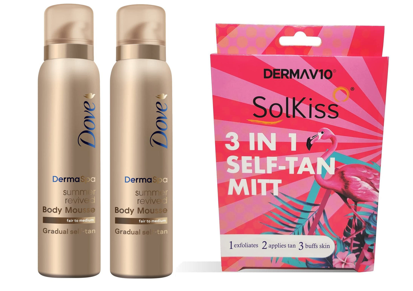 Dove DermaSpa Gradual Self-Tan Body Mousse Fair to Medium 150ml Pack of 2 + Solkiss 3-in-1 Applicator Mitt