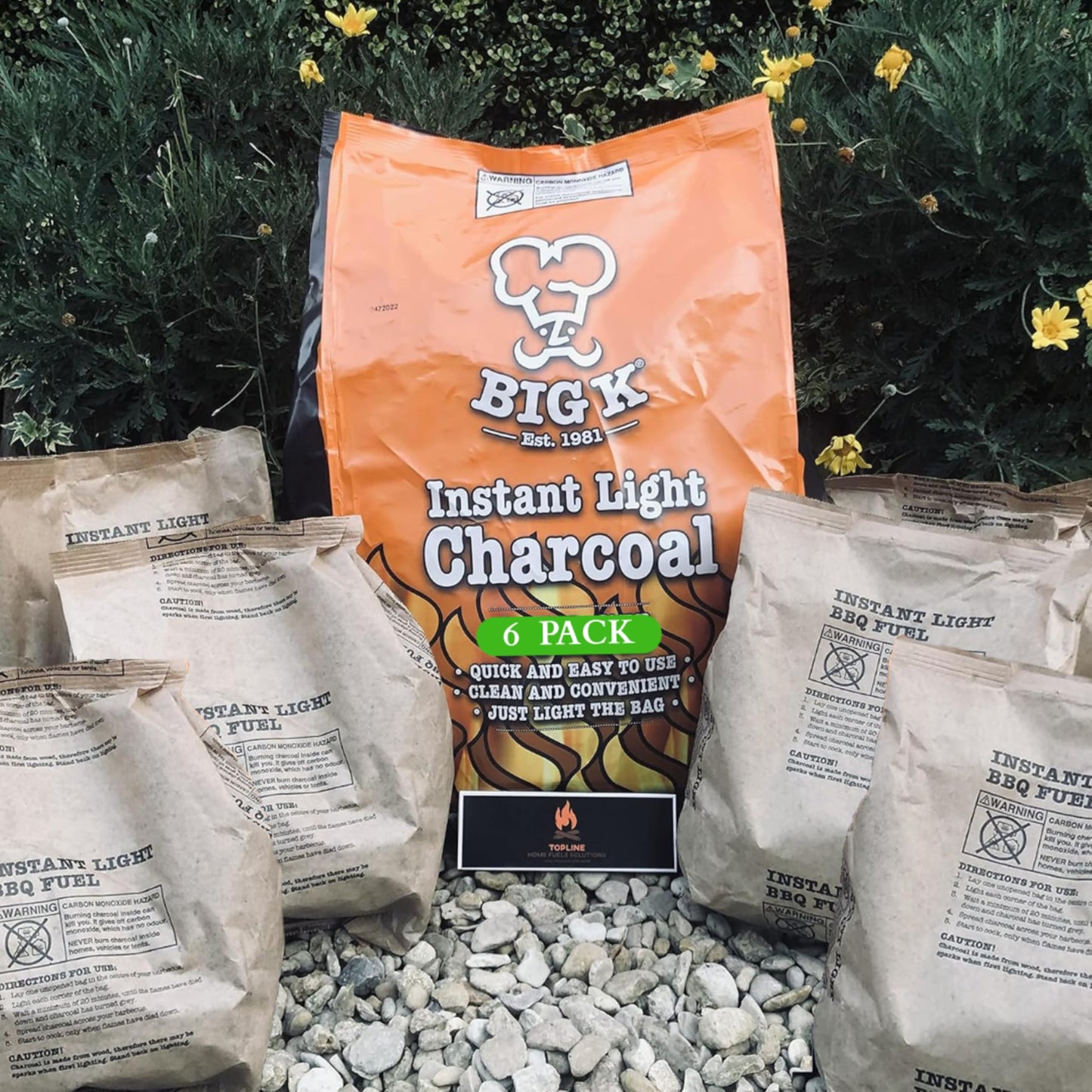 Instant Light Lumpwood Charcoal Bags - 6x1kg BBQ Coals Instant Bags are easy to use, just light the individual bag. Take the stress out of your home BBQ with Instant Charcoal & Topline Matches.