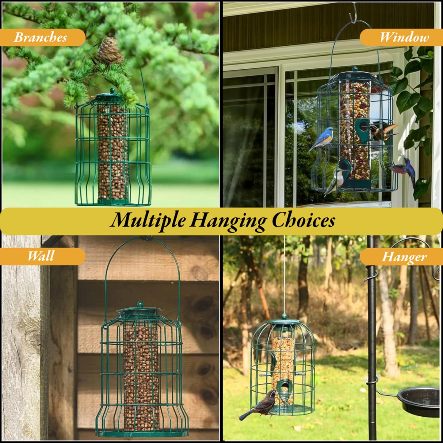 Squirrel Proof Bird Feeders Bundle 3x Green Plastic Wire Cage for Fat Balls, Peanuts & Seeds