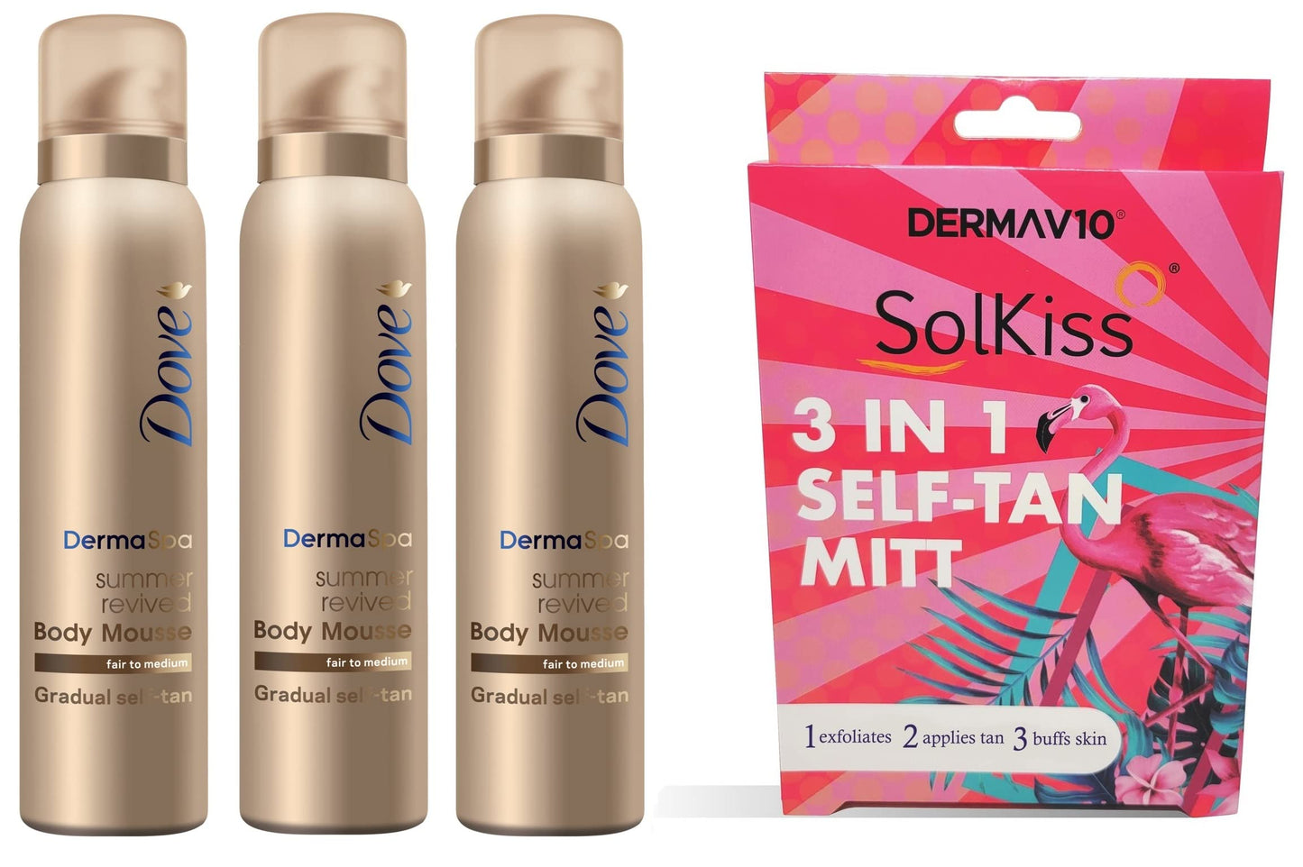 Dove DermaSpa Gradual Self-Tan Body Mousse Fair to Medium 150ml Pack of 3 with Applicator Mitt