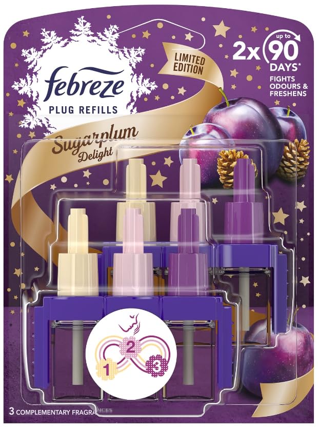 3volution Sugarplum Delight Refill Bundle - Christmas Room Fresheners For Home Plug Refills with 3 Scents Home Air Freshener Pack of 2 x 20ml with Topline Card. Ideal Xmas Gift & Stocking Fillers.