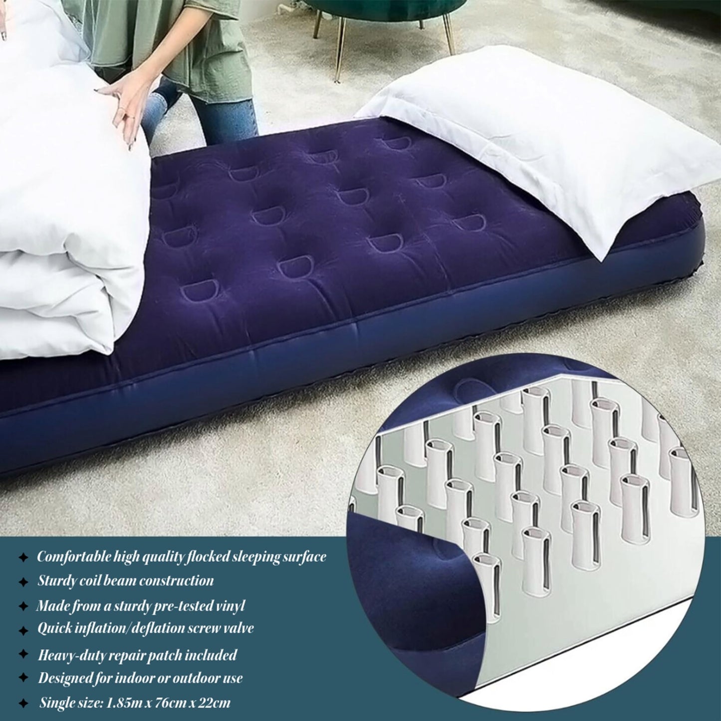 Topline Inflatable Air Bed Single Mattress with Air Pump Blue