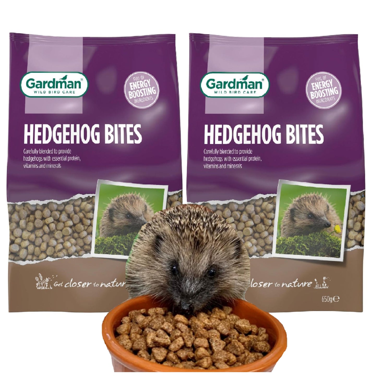 Gardman Hedgehog Food Bites Bundle - Pack of 2 x 650g High Energy Rich Nutritious. Pet Food Suitable for Feeding Station or Ground Feeder, Comes with Topline Card.