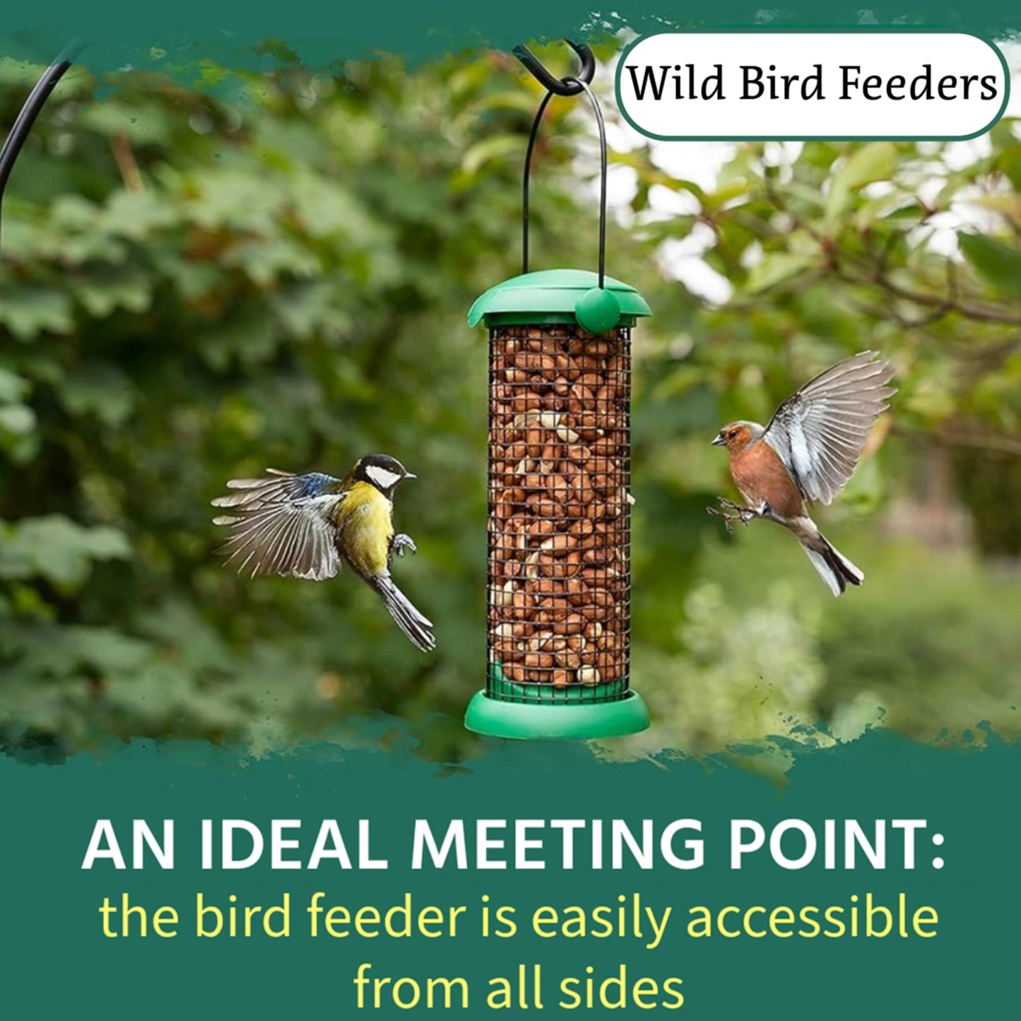 Wild Bird Feeders Flip Top Green Plastic Pack of 4 for Seed, Fat Balls, Peanuts & Nyjer