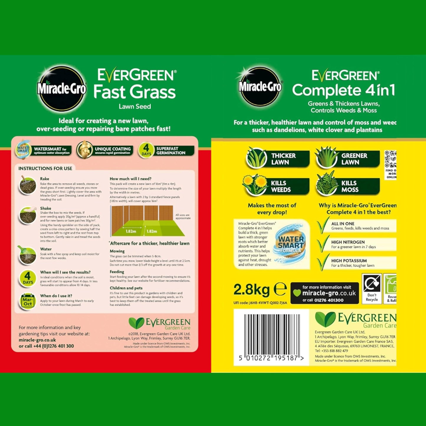 Fast Growing Grass Seed Bundle - Miracle GRO Child & Pet Friendly Fast Grass Lawn Seed 480g 16m2 & Complete 4in1 Lawn Food Spreader 2.8kg 80m2 Spring Lawn Feed Weed and Moss Killer with Topline Card