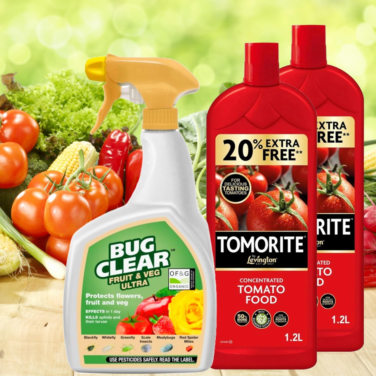 Tomato Plant Food Growing Fertilizer - Bundle of 2 x 1.2L Tomato Feed Concentrated Liquid Enriched Seaweed Fertiliser & 800ml Bug Clear Controller for Fruit and Vegetable Plants with Topline Card