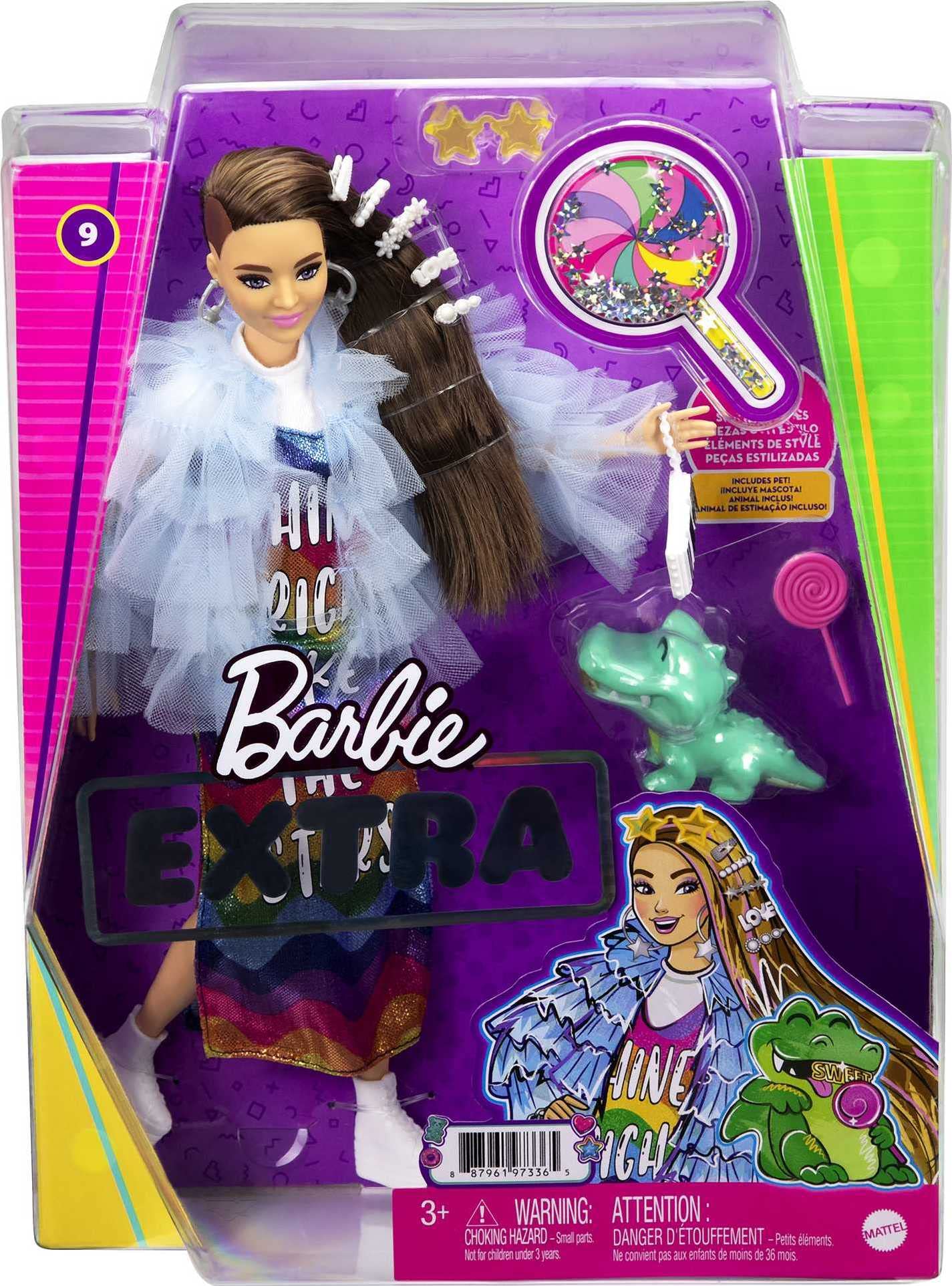 Barbie Extra Doll #9 in Blue Ruffled Jacket with Pet Crocodile, Long Brunette Hair, Bling Hair Clips, Gift for Kids 3Y+, GYJ78