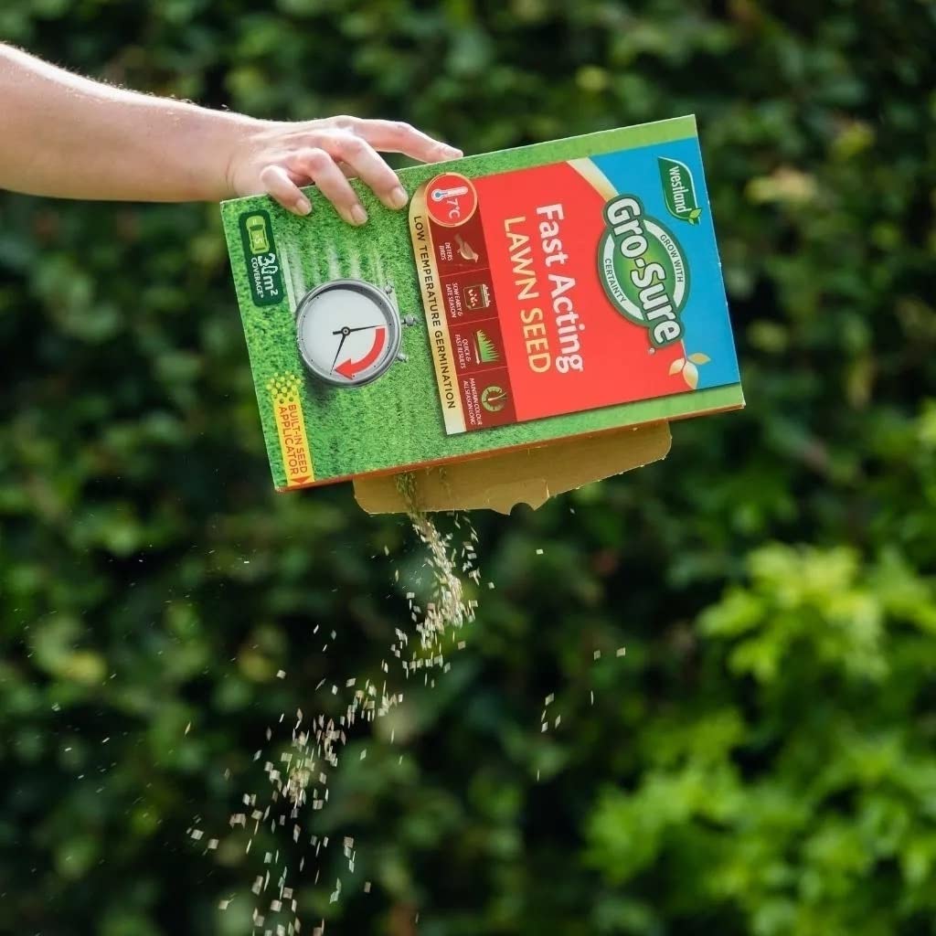 Fast Acting Lawn Seeds - Garden Horticulture 900g Fast Acting Lawn Grass Seeds 30msq. Spring Lawn Feed for Low Temperature Germination, Paths Repair with Topline Card.