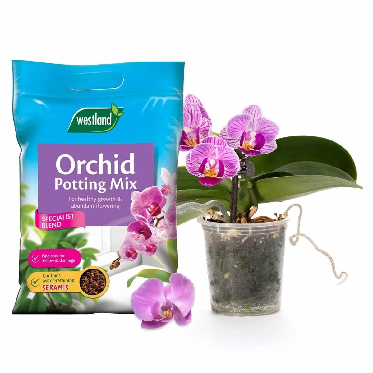 Topline Orchid Plant Growing Bundle - Peat Free Orchid Potting Mix with Seramis 8L & Nutrient Rich Orchid Water 720ml. House Plant Compost Food with Thank You Card.