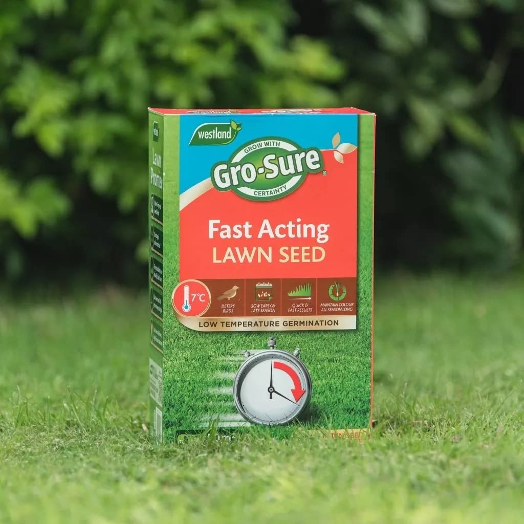 Fast Acting Lawn Seeds - Garden Horticulture 900g Fast Acting Lawn Grass Seeds 30msq. Spring Lawn Feed for Low Temperature Germination, Paths Repair with Topline Card.