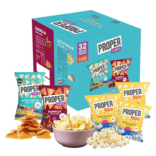 Gluten Free Lentil Crisps Multipack - Box of 32 Vegan Proper Chips BBQ & Salt Vinegar Low Calorie Snacks with EXTRA 3 x 14g Sweet & Salty Popcorn Bags. Healthy Snacks for Lunch Box, Movie Night