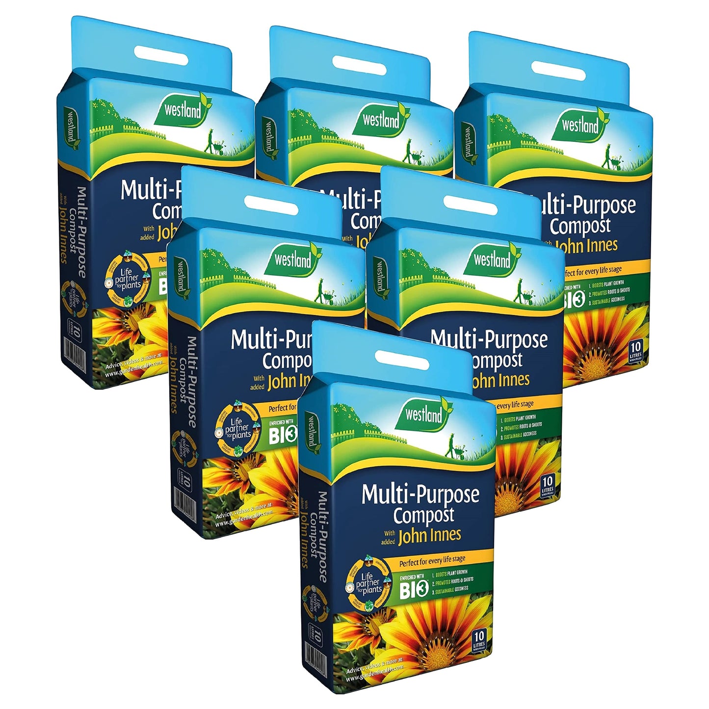 Westland Multipurpose Garden Plant Compost - Peat Free Multi-Purpose Compost with John Innes 6 x 10L Garden Soil Bags for Indoor & Outdoor House Plants, Vegetable Growing. Comes with Topline Card.