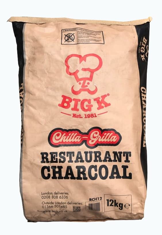 Big K Chilla-Grilla Restaurant Grade Lumpwood Charcoal 12kg Bag & Big K Woodies Natural Wood Wool Firelighters 300g with Topline Card. Perfect for Outdoor Barbecues, Camping BBQs.