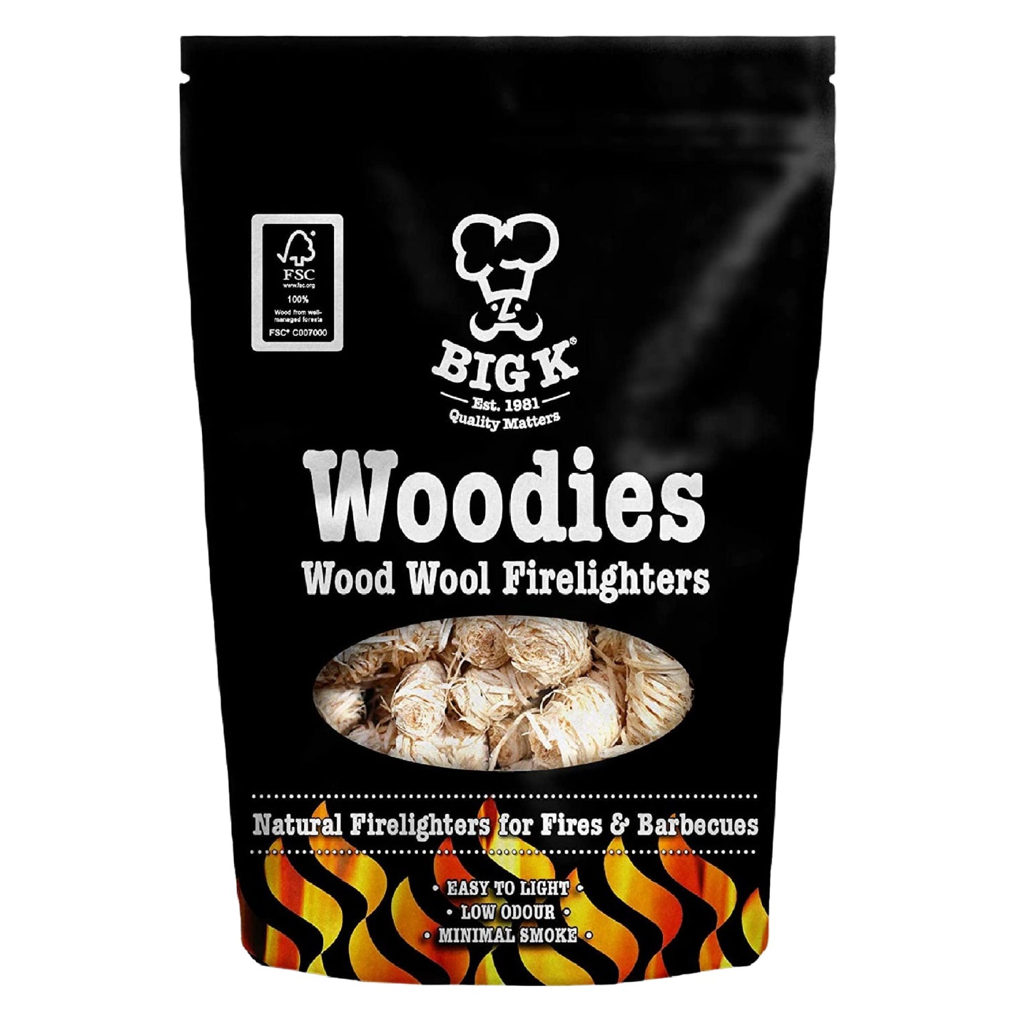 Big K Barbecue Grill Charcoal 3x3kg Lumpwood + Woodies Wood Wool Firelighters 300g