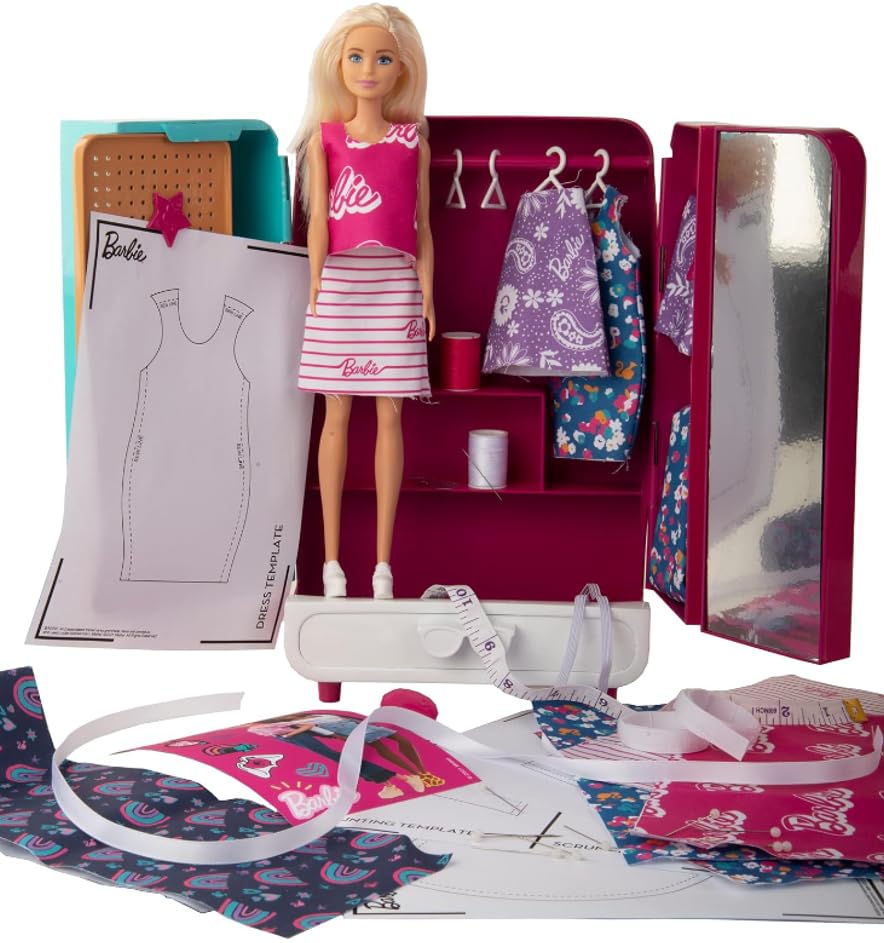 TOPLINE Barbie Wardrobe Fashion Ultimate Gift - Craft Your Own Barbie Outfit with Barbie Doll, Pattern & Equipments Included. Barbie Toys for Christmas Stocking Fillers, Secret Santa Gifts Card.