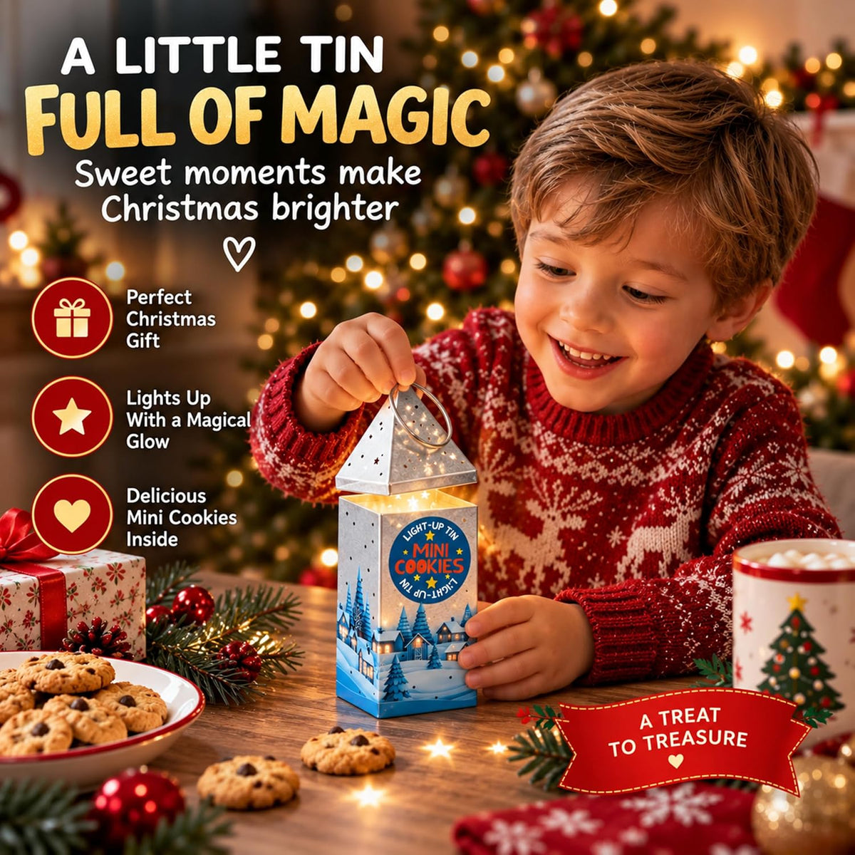 Light Up Christmas Lantern Tin with Mini Cookies – Decorative LED Biscuit Tin