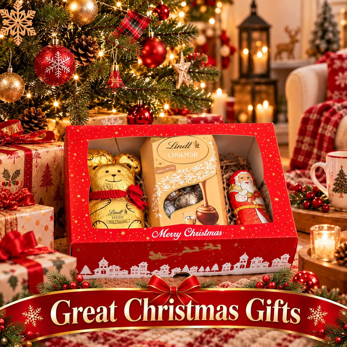 Lindt Chocolates Hamper Gift Box – Assorted 500g Chocolates Gift Box with Irish Cream Truffles, Milk Teddy Bar, Golden Teddy, Santa & Samll Teddy – Secret Santa Christmas Gift Stocking Fillers