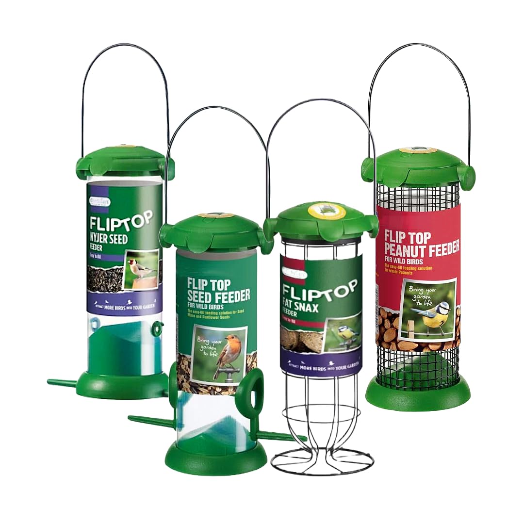 Wild Bird Feeders Flip Top Green Plastic Pack of 4 for Seed, Fat Balls, Peanuts & Nyjer