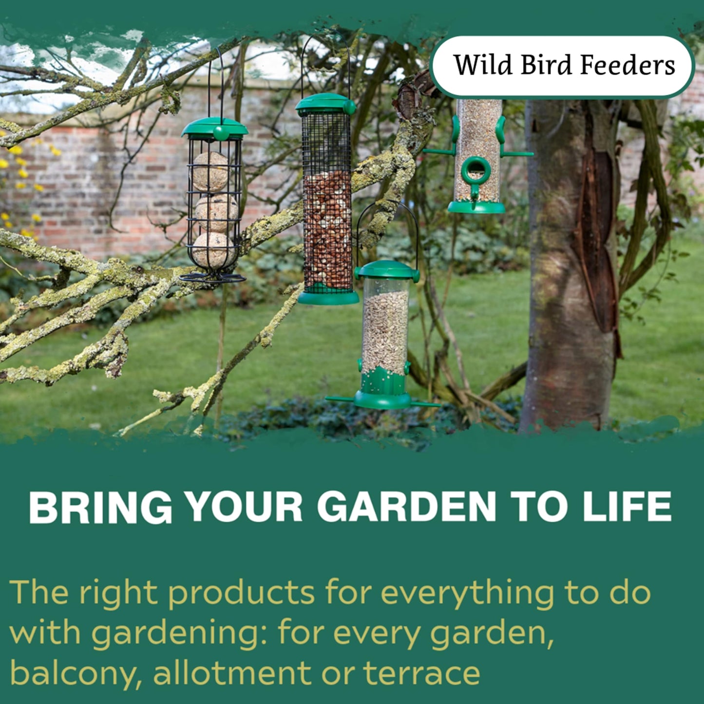 Wild Bird Feeders Flip Top Green Plastic Pack of 4 for Seed, Fat Balls, Peanuts & Nyjer