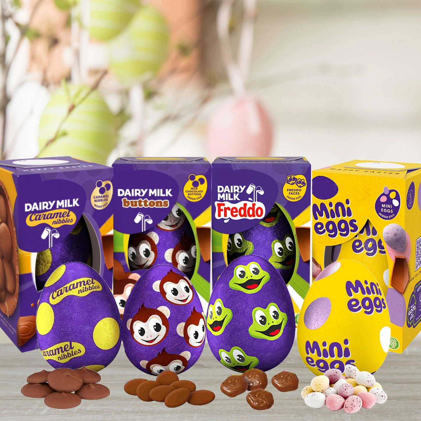 Cadbury Easter Egg 4-Pack β Freddo, Caramel Nibbles, Mini Eggs & Buttons (96gβ97g Each)