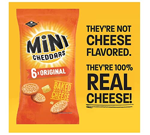 Mini Cheddars Snacks Bulk - Mega Value Box of 48 x 23g Original Cheddar Biscuits Baked with Real Cheese. Bar Snacks for Home Pub, Birthday Party Food or Lunchbox Snacks with Topline Card.