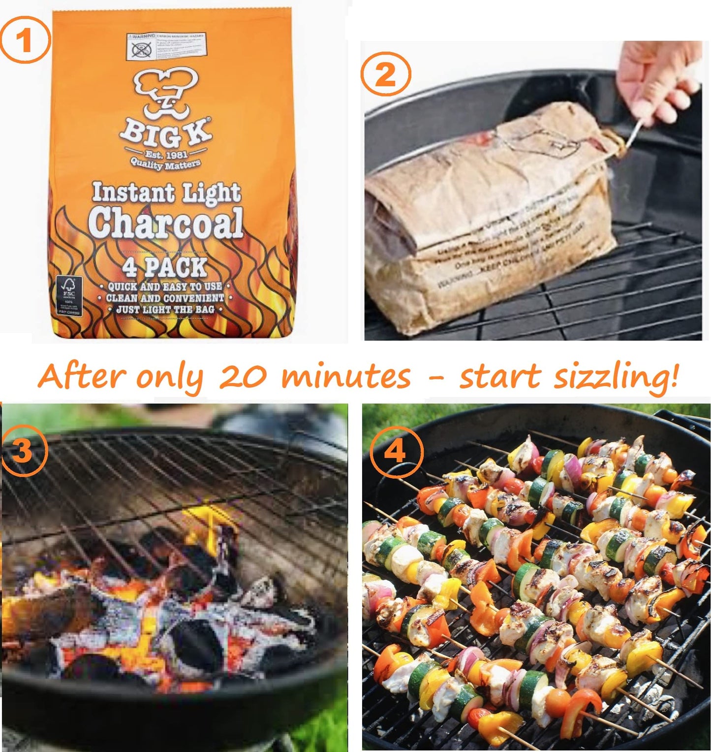 Instant Light Lumpwood Charcoal Bags - 6x1kg BBQ Coals Instant Bags are easy to use, just light the individual bag. Take the stress out of your home BBQ with Instant Charcoal & Topline Matches.