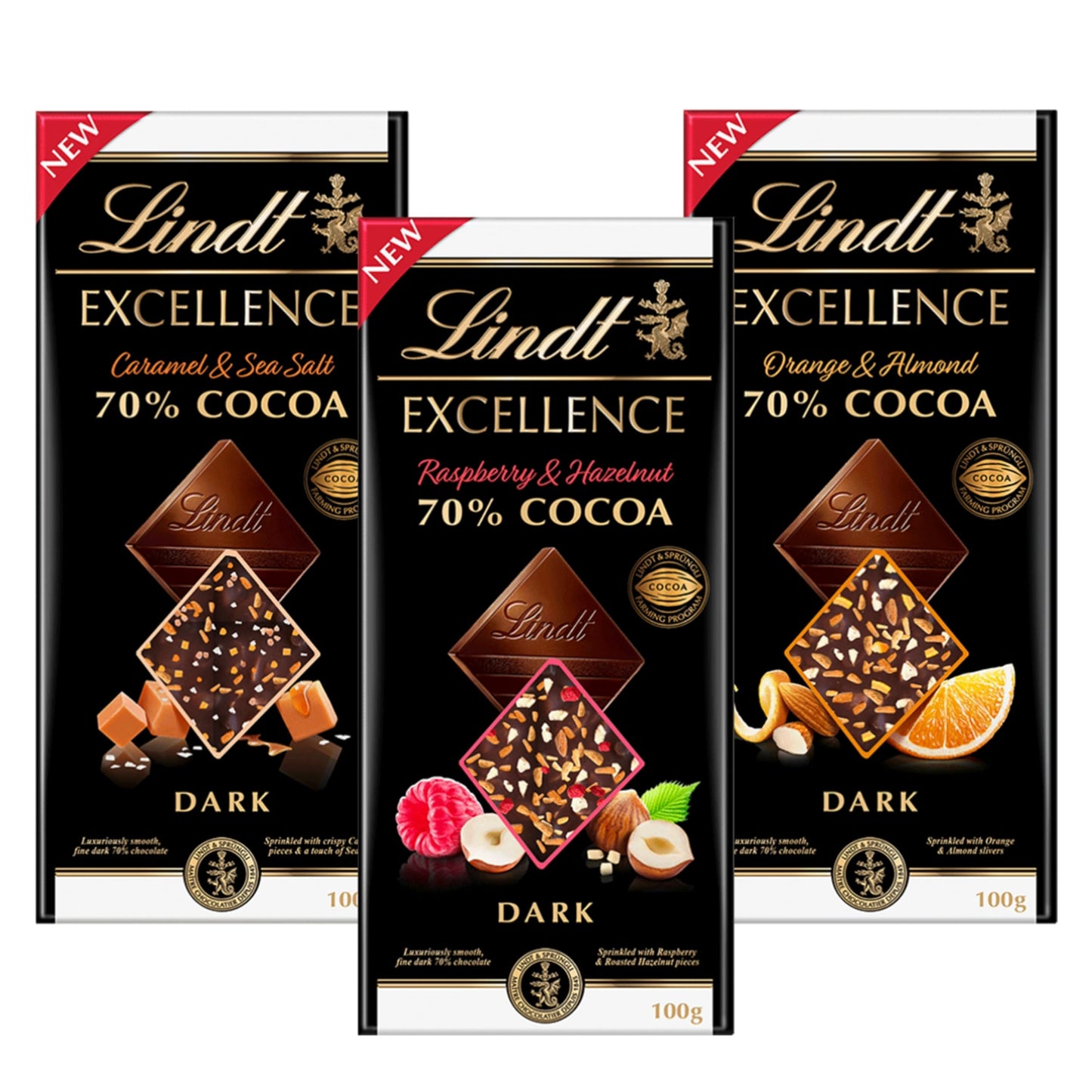 Excellence Chocolate Bars Bulk Buy - 3x100g Assorted 70% Cocoa Dark Chocolate Orange & Almond, Raspberry & Hazelnut, Caramel Sea Salt Chocolate Bulk with Card. Chocolate Gift for Her, Birthday Gifts