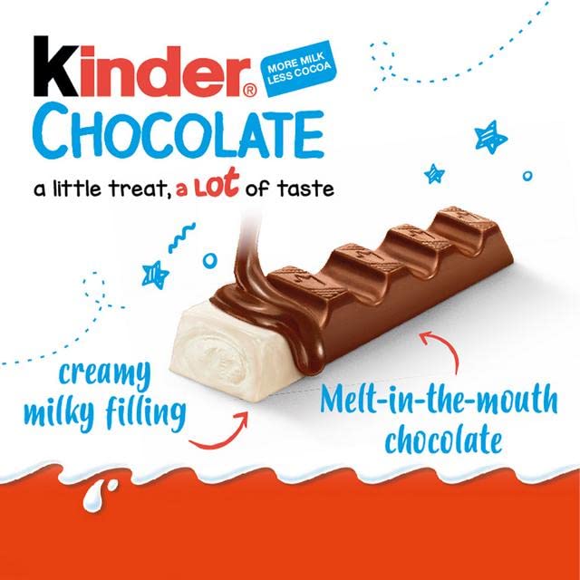 TOPLINE Kinder Chocolate Bars Sweets Bulk Fine Milk Medium Snack with a Milky Filling Card for Lunchbox Snacks, Birthday Party Bag Fillers., Bworn, White, 756.0 grams, 1.0 count
