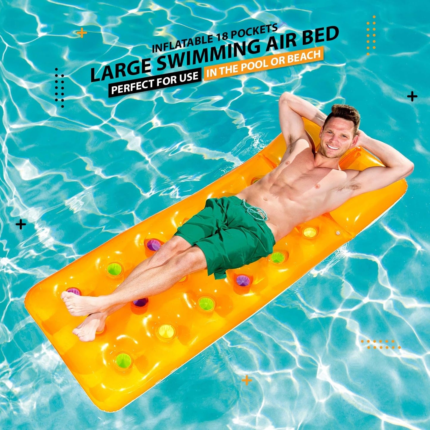 Pool Inflatables Lounger for Swimming Pool - Yellow Floating Mat Inflatable Float Raft Air Bed with a Pillow & Heavy Duty Patch Repair Kit. Sun Lounger with Topline Card. Great for Pool Summer Party
