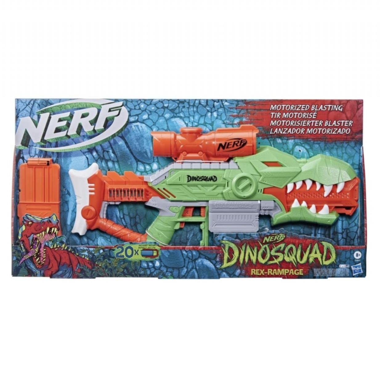 Nerf DinoSquad Rex-Rampage Motorised Dart Blaster with 10-Dart Clip & 20 Darts
