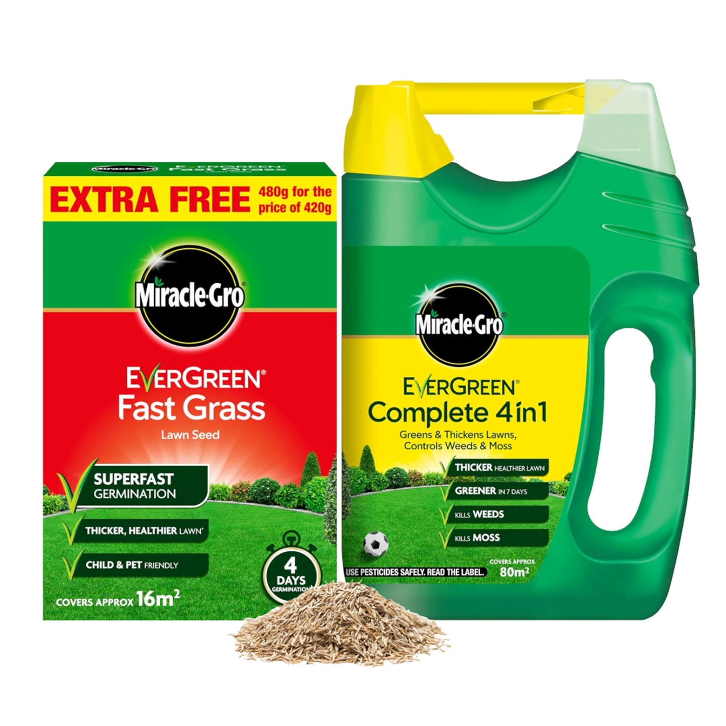Fast Growing Grass Seed Bundle - Miracle GRO Child & Pet Friendly Fast Grass Lawn Seed 480g 16m2 & Complete 4in1 Lawn Food Spreader 2.8kg 80m2 Spring Lawn Feed Weed and Moss Killer with Topline Card