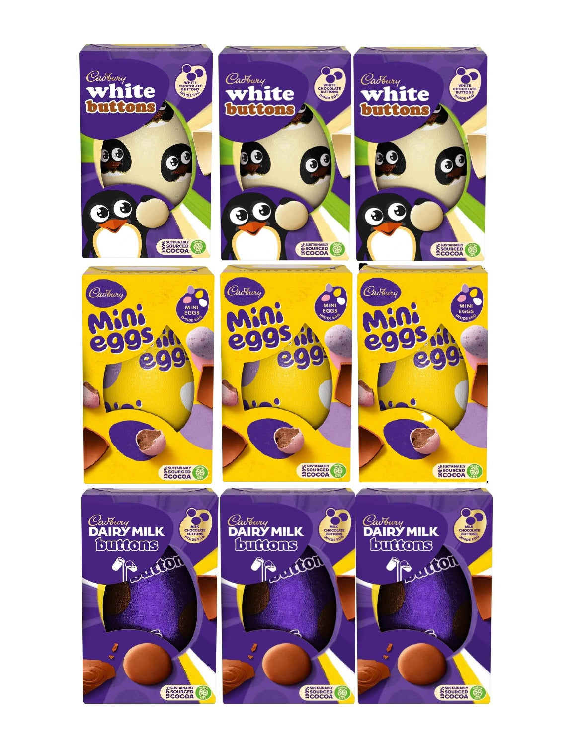 Cadbury Easter Eggs Bulk-  3 x Buttons 98g, 3 x Mini Eggs 97g, 3 x White Buttons 98g