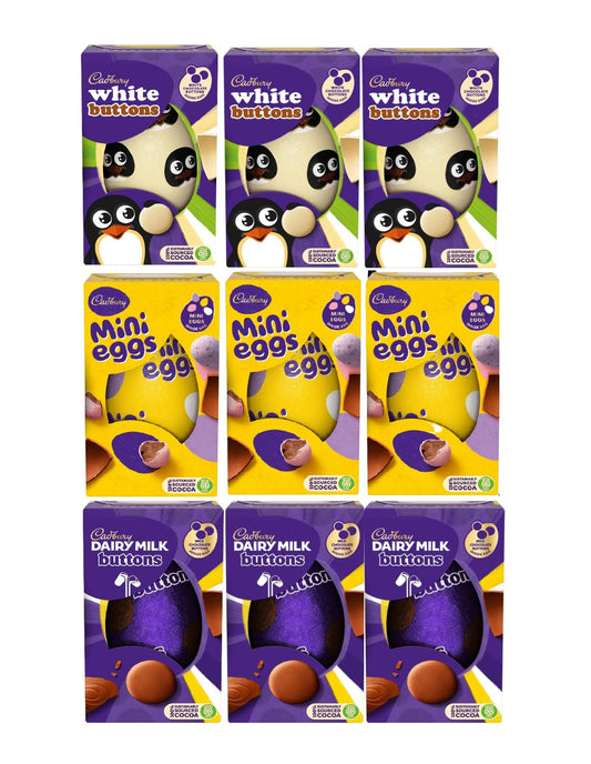 Cadbury Easter Eggs Bulk-  3 x Buttons 98g, 3 x Mini Eggs 97g, 3 x White Buttons 98g