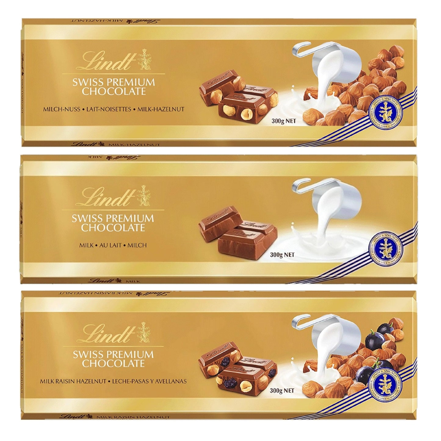 Swiss Chocolate Bars Bulk Buy - Luxury 3 x 300g Irresistible Smooth Hazelnut, Milk Bar & Hazelnut - Raisins Golden Milk Chocolate Bars for Chocolate Hamper, Birthday Gifts with Topline Card