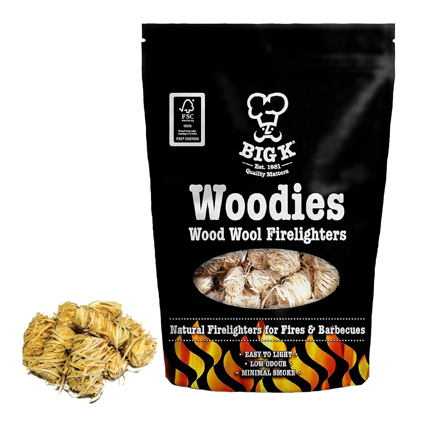 Big K Chilla-Grilla Restaurant Grade Lumpwood Charcoal 12kg Bag & Big K Woodies Natural Wood Wool Firelighters 300g with Topline Card. Perfect for Outdoor Barbecues, Camping BBQs.