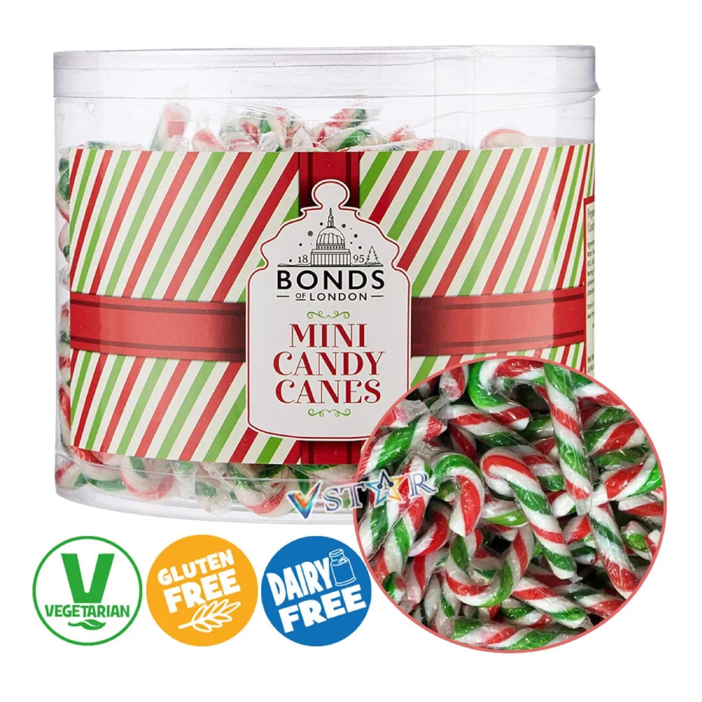 Christmas Candy Canes Bulk Buy - Bonds 250 x 5g Mini Individually Wrapped Peppermint Green, Red & White Sweets Lolly Pops for Kids. Perfect for Decorating the Christmas Tree or Stocking Fillers
