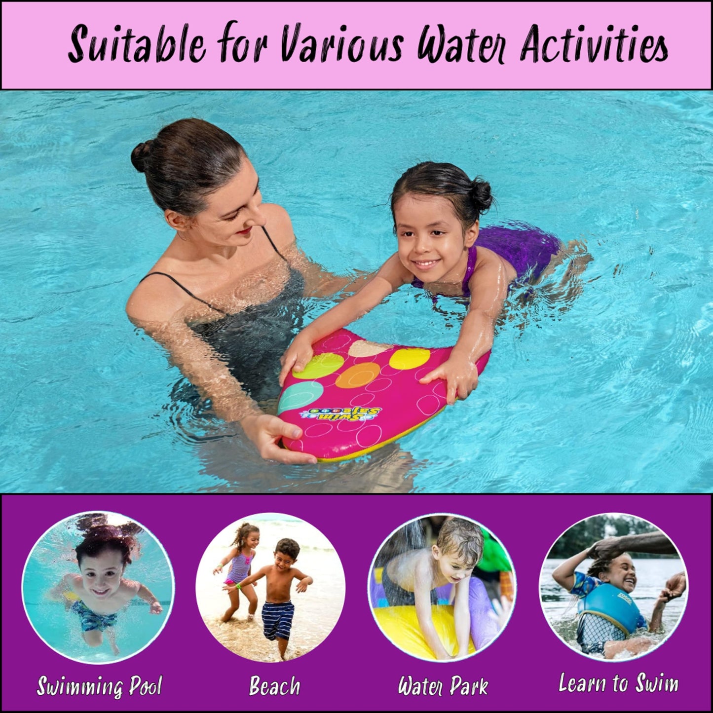 Swimming Float Kickboard for Kids - Learn to Swim Pink Foam Board Pool Float & Swim Vest. Swimming Floats for Children with Topline Card. Exercise Equipments for Kids Beginning Swimmers
